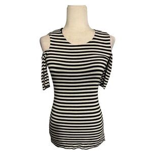 bailey 44 womens black white striped short sleeve cold shoulder top t shirt xs